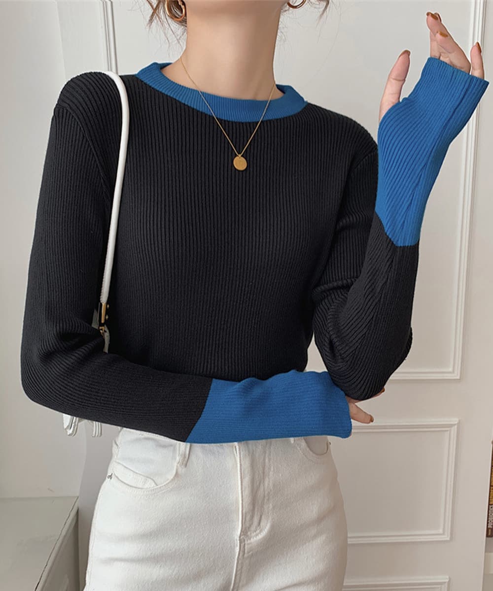 イエベ春/イエベ秋服 配色ニット 指穴付きリブニットプルオーバー