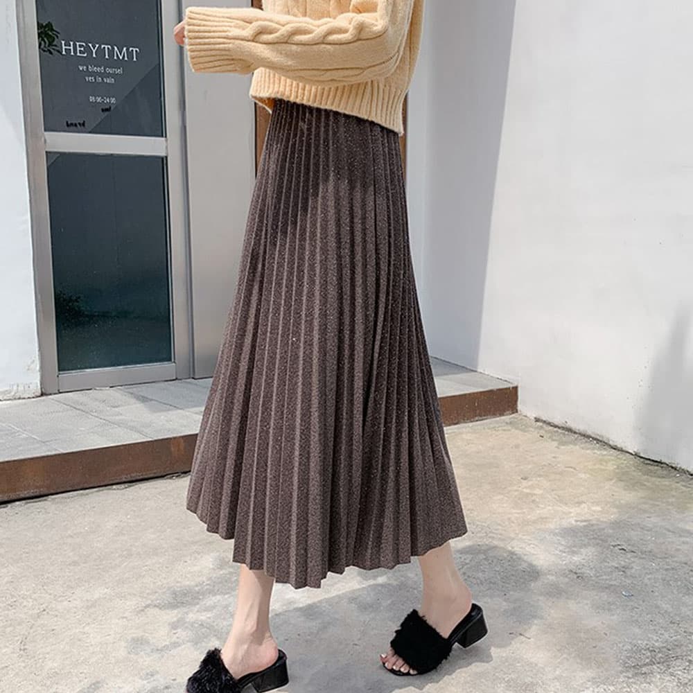 イエベ春/イエベ秋服 ラメ入りプリーツスカート ウエストゴム ミディアム丈