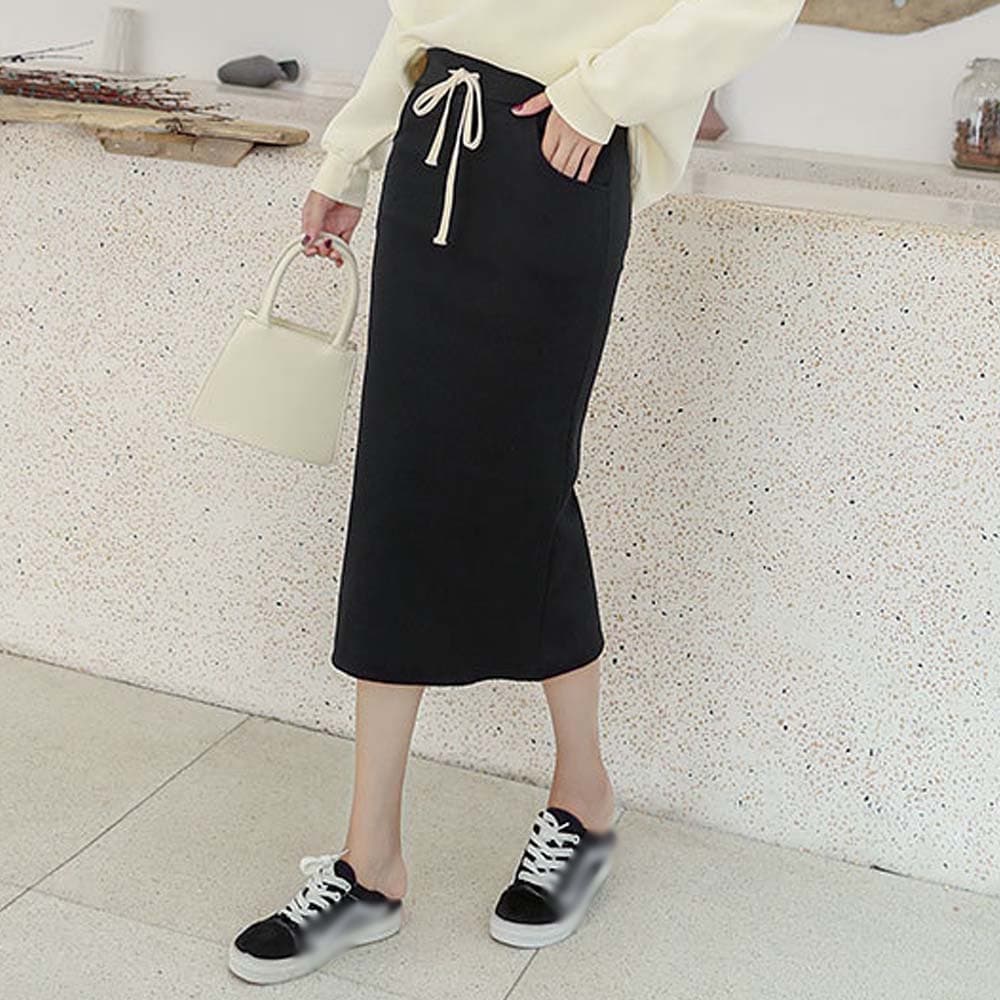 イエベ春/イエベ秋服 リブニットロングタイトスカート ミモレ丈スリット