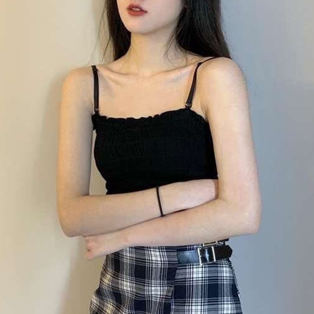 イエベ春/イエベ秋服 フリルベアトップ ストラップ付き 伸縮素材インナー