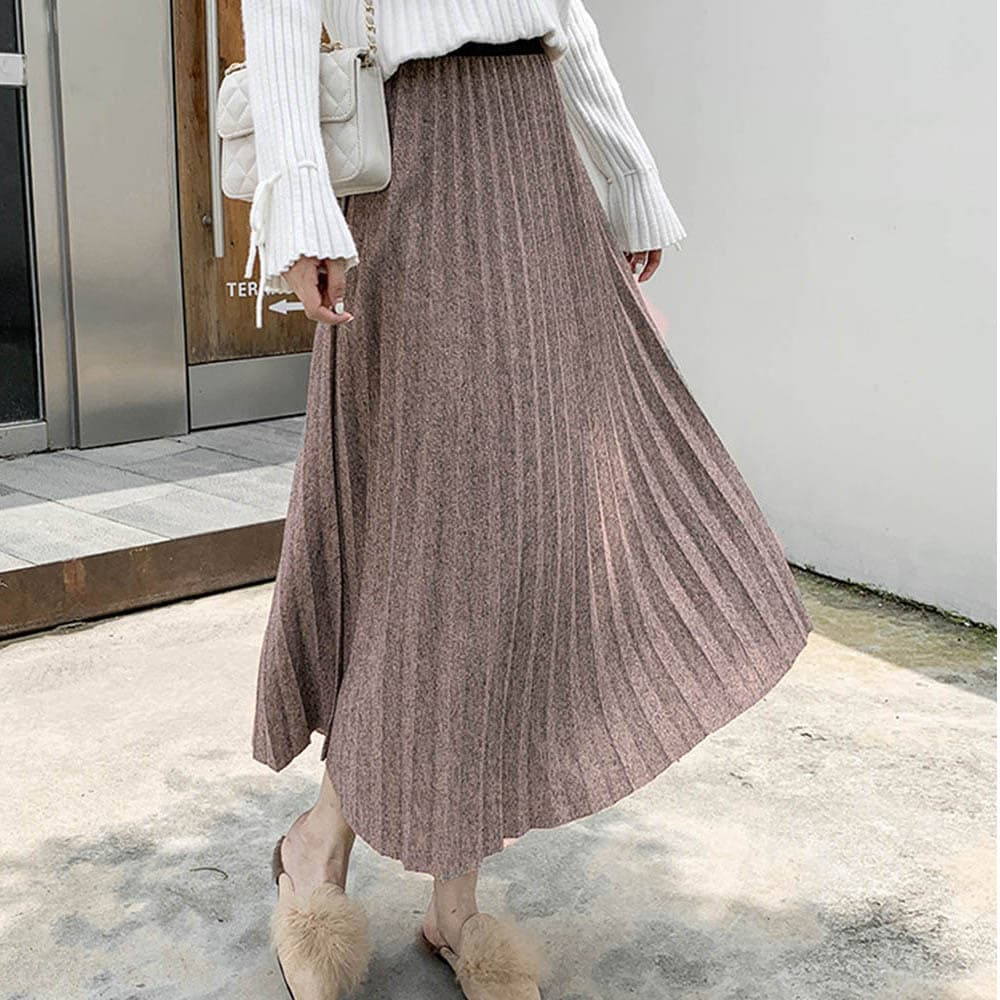 イエベ春/イエベ秋服 ラメ入りプリーツスカート ウエストゴム ミディアム丈
