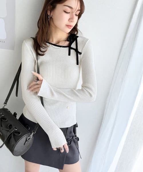 イエベ春/イエベ秋服 リボン結び細リブ柔らかニット