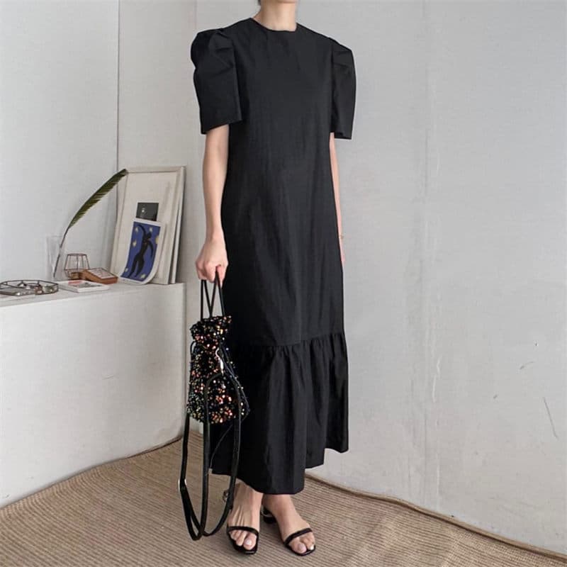 イエベ春服 パフスリーブティアードワンピース