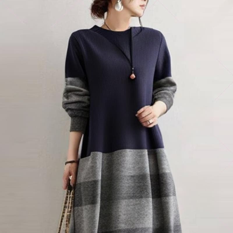 イエベ秋服 上品なバイカラーニット切り替え長袖マキシワンピース