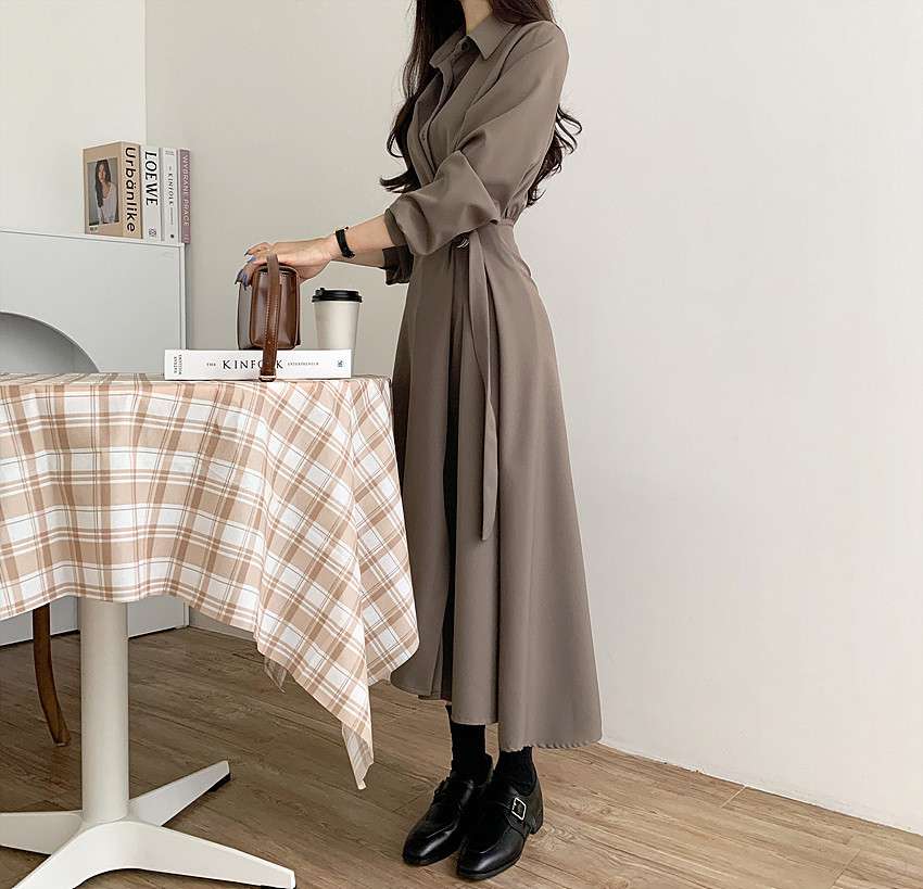 イエベ春/イエベ秋服 上品シルエット ベルテッドシャツワンピース