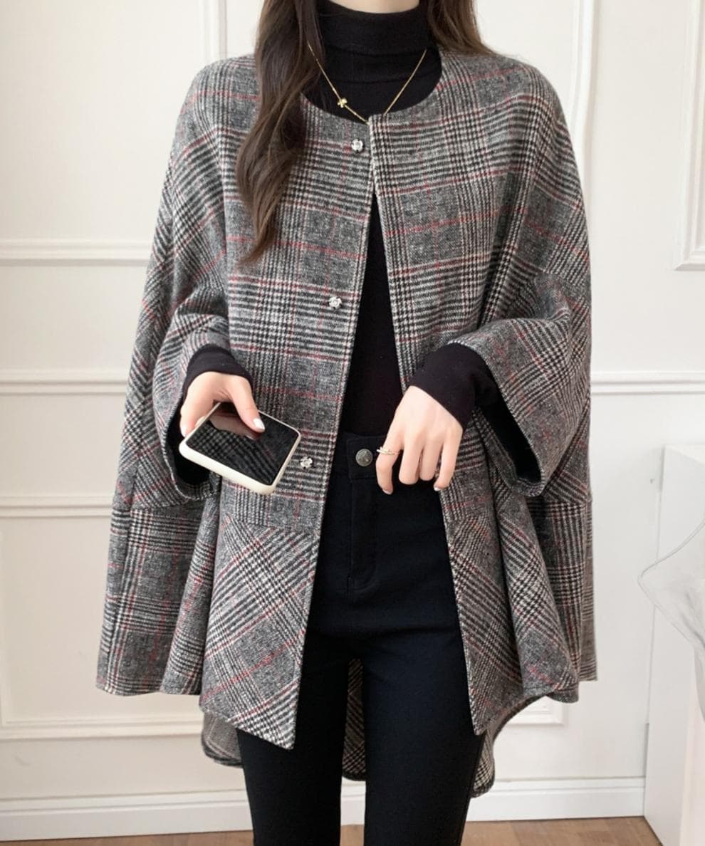 イエベ秋服 千鳥格子柄ノーカラーオーバーサイズコート