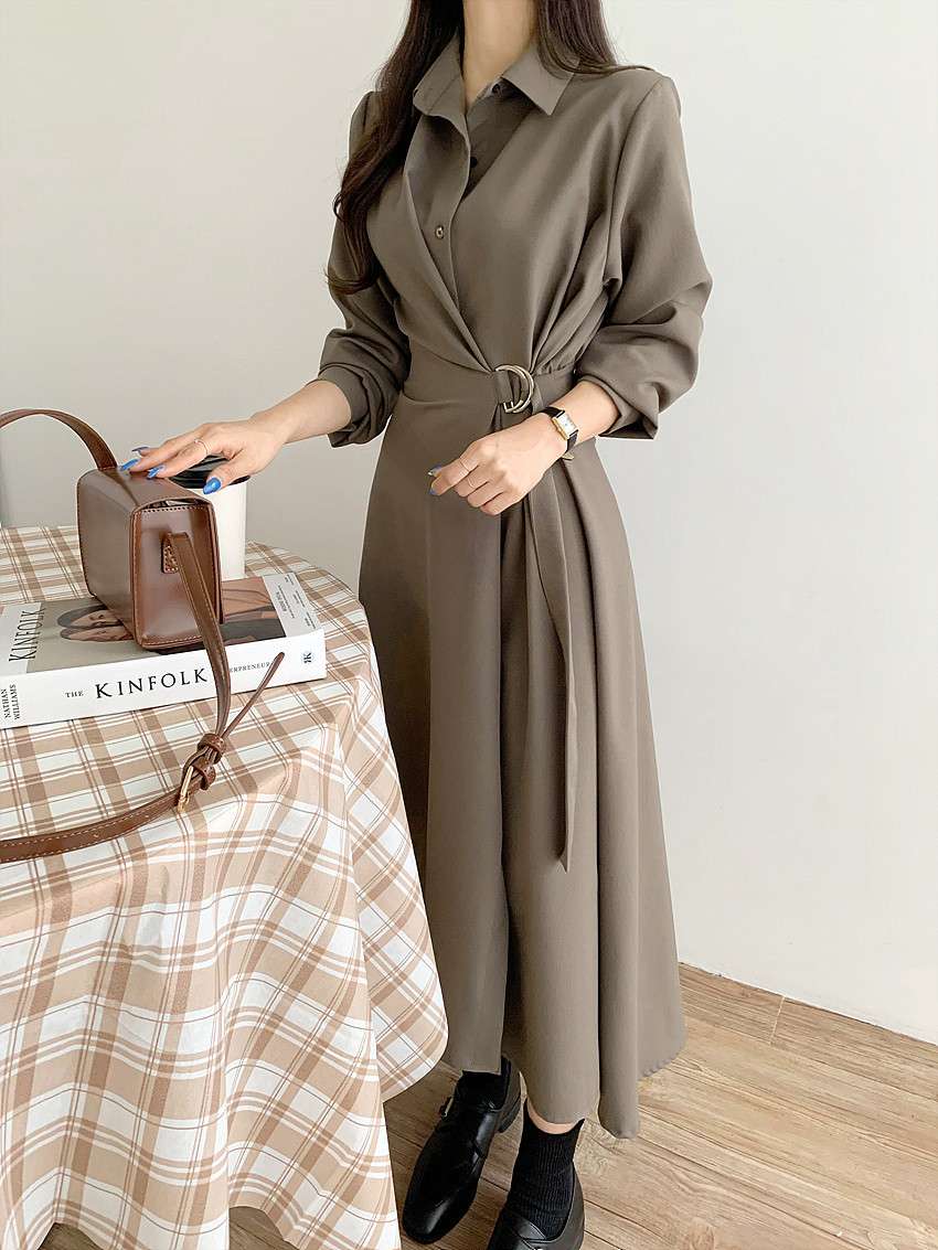 イエベ春/イエベ秋服 上品シルエット ベルテッドシャツワンピース