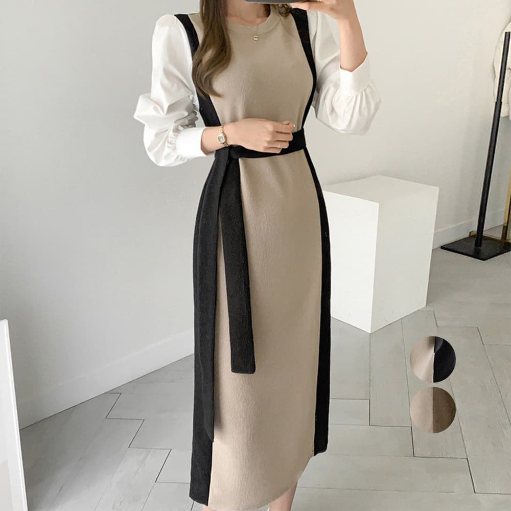 イエベ春/イエベ秋服 袖切り替え配色ニットワンピース長袖