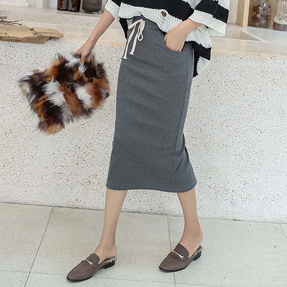 イエベ春/イエベ秋服 リブニットロングタイトスカート ミモレ丈スリット