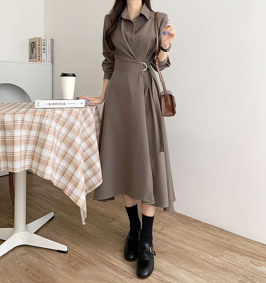 イエベ春/イエベ秋服 上品シルエット ベルテッドシャツワンピース
