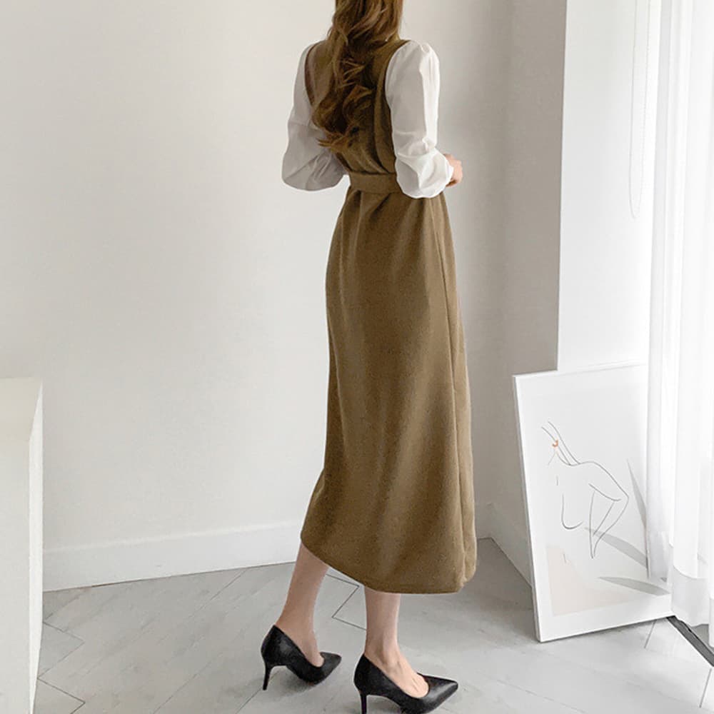 イエベ春/イエベ秋服 袖切り替え配色ニットワンピース長袖
