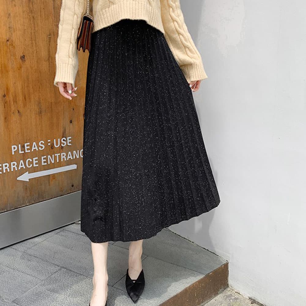 イエベ春/イエベ秋服 ラメ入りプリーツスカート ウエストゴム ミディアム丈