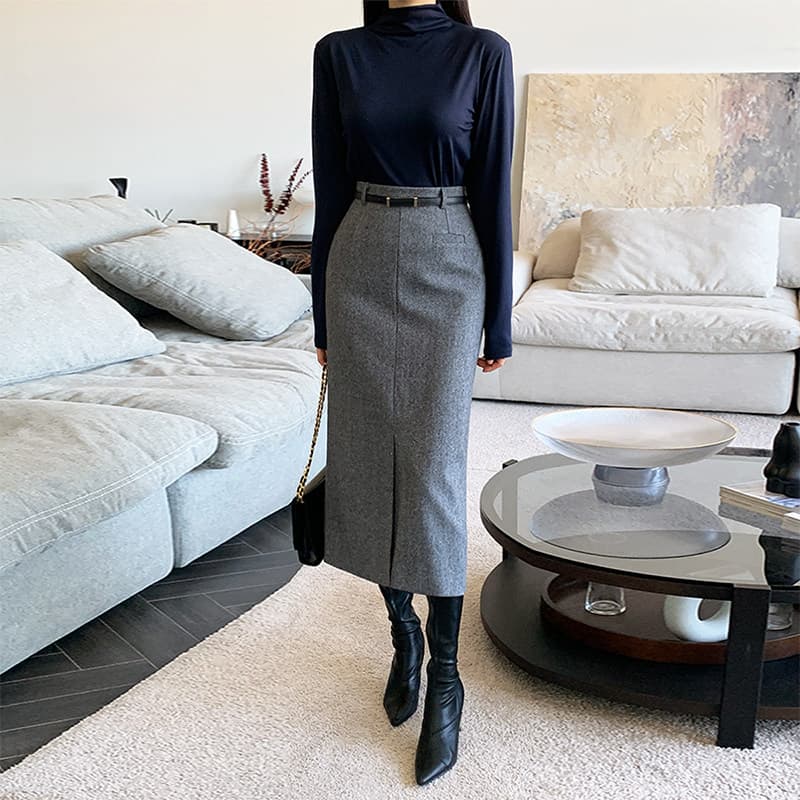 イエベ秋服 ヘリンボーン柄ウール混ハイウエストロングスカート