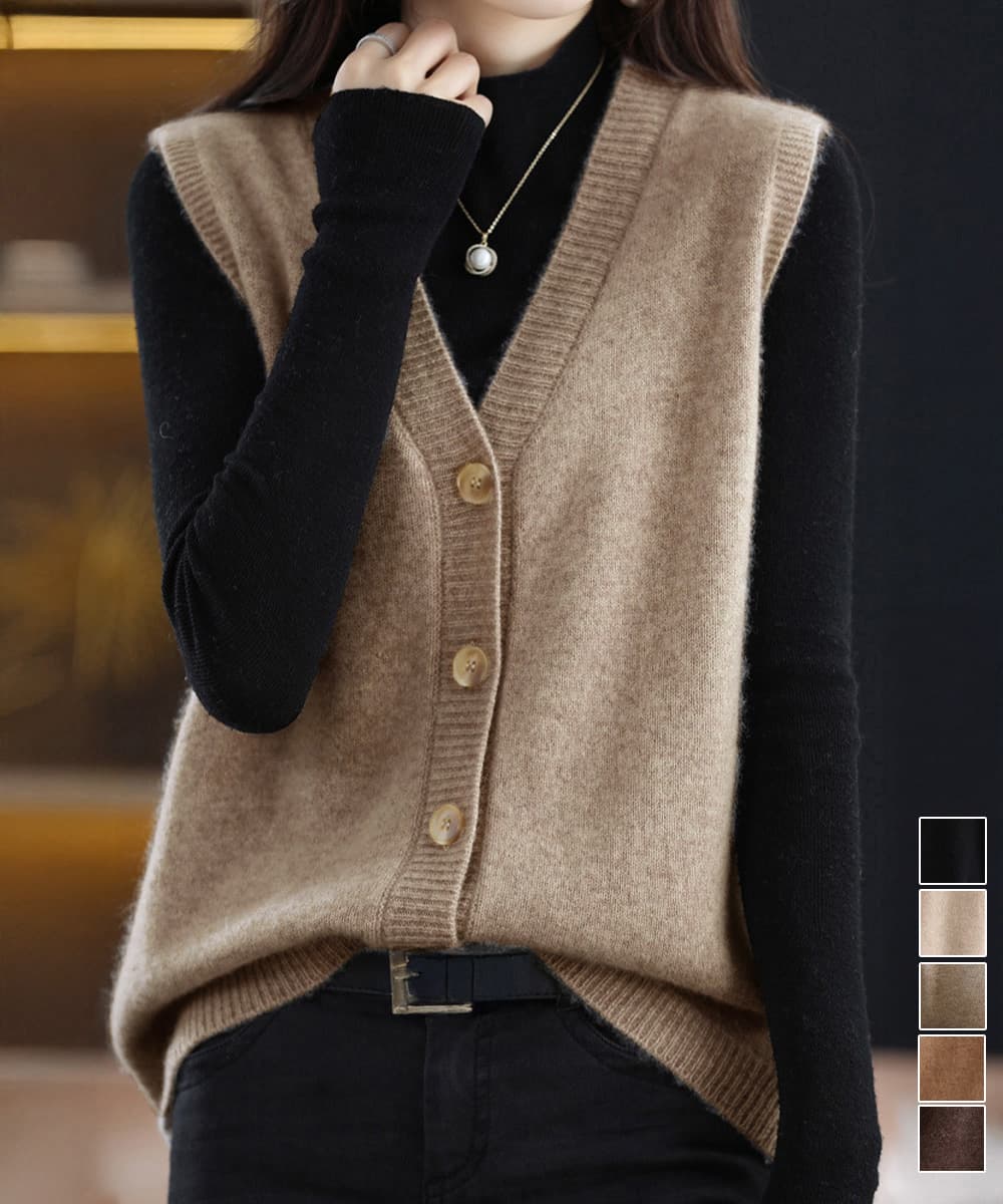 イエベ春/イエベ秋服 前開きボタンニットベスト体型カバー重ね着ニット