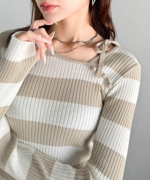 イエベ春/イエベ秋服 リボン結び細リブ柔らかニット