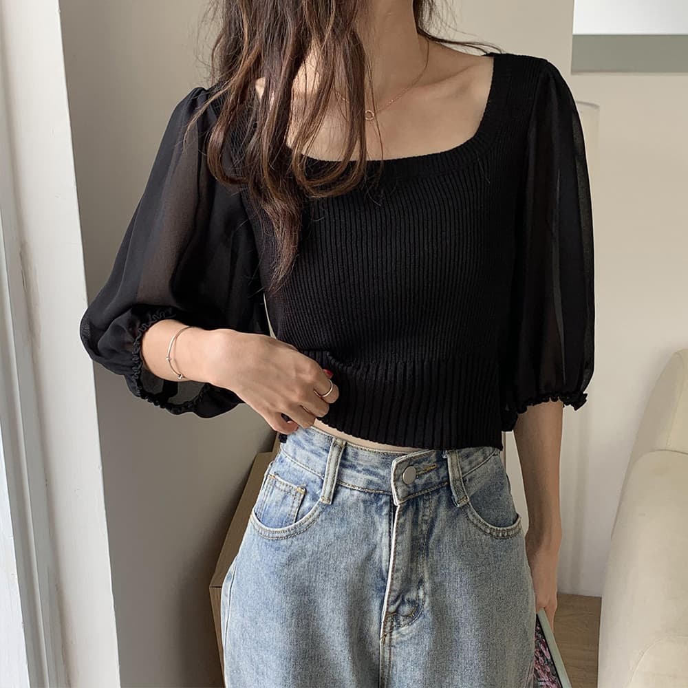 イエベ春/イエベ秋服 スクエアネック シフォン袖 ニットトップス