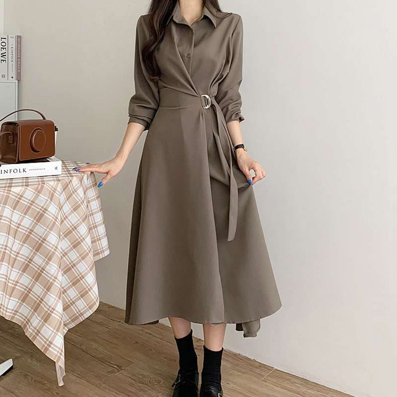 イエベ春/イエベ秋服 上品シルエット ベルテッドシャツワンピース