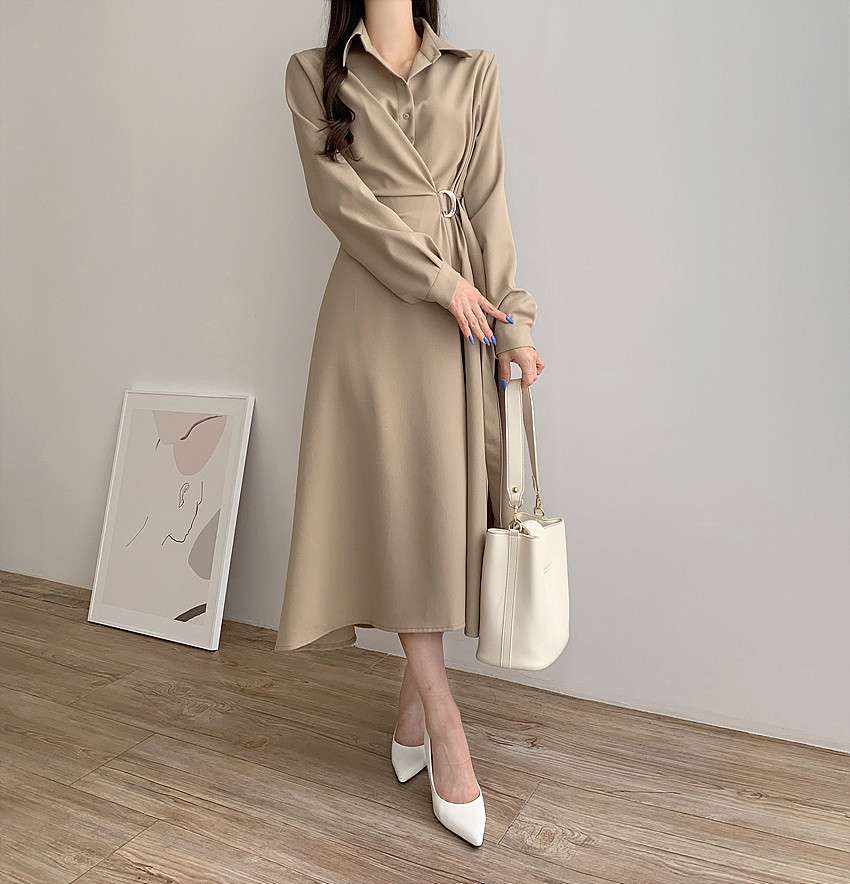 イエベ春/イエベ秋服 上品シルエット ベルテッドシャツワンピース