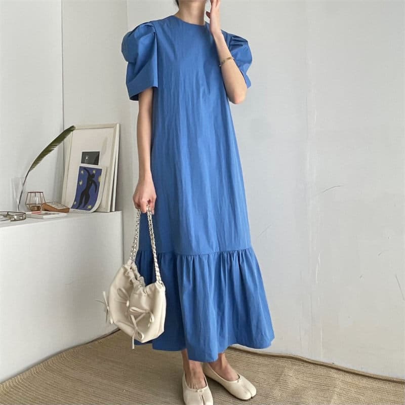 イエベ春服 パフスリーブティアードワンピース