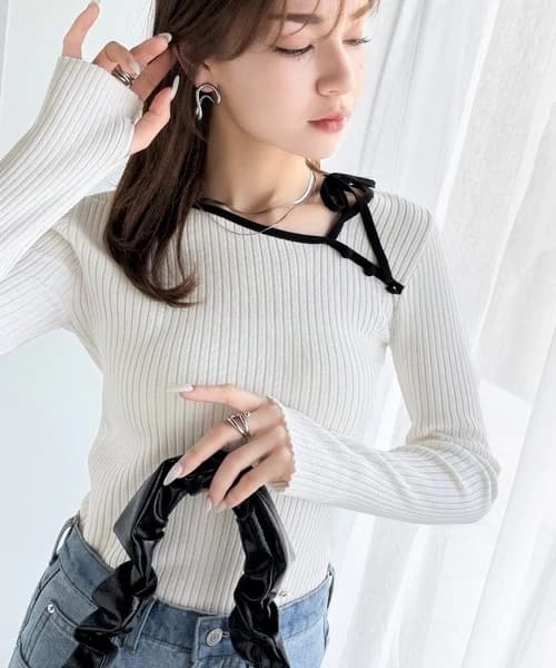 イエベ春/イエベ秋服 リボン結び細リブ柔らかニット