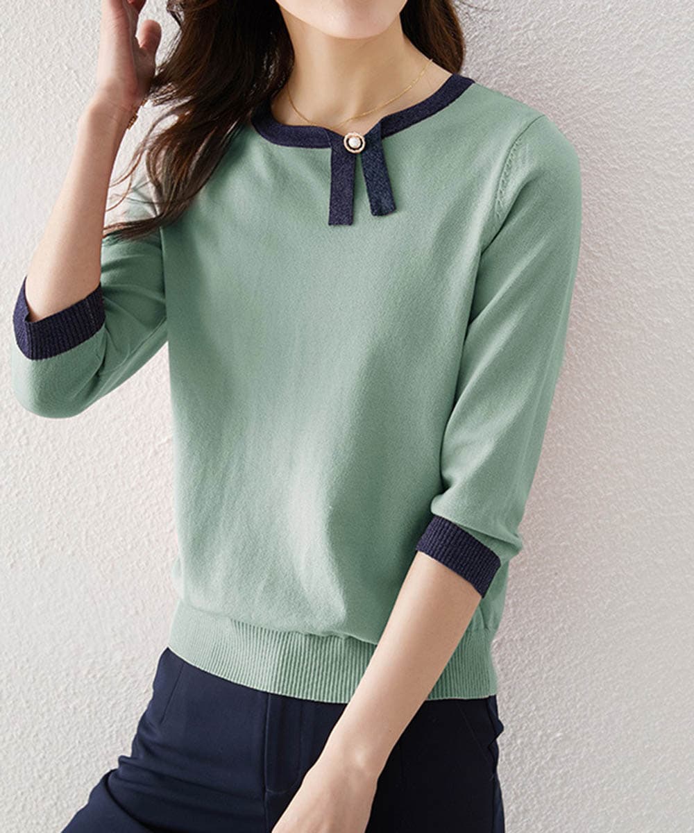 イエベ春/イエベ秋服 配色リボン付き七分袖ニット