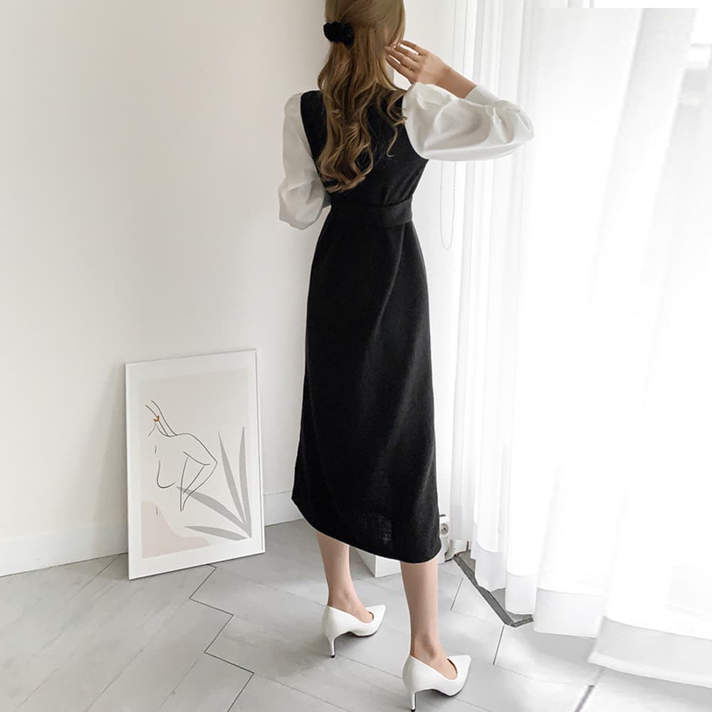 イエベ春/イエベ秋服 袖切り替え配色ニットワンピース長袖
