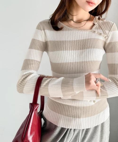 イエベ春/イエベ秋服 リボン結び細リブ柔らかニット