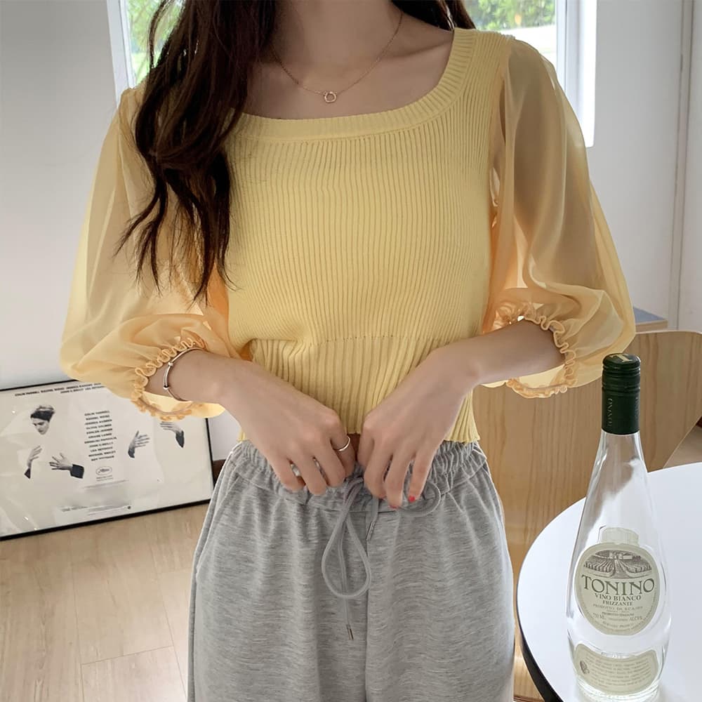 イエベ春/イエベ秋服 スクエアネック シフォン袖 ニットトップス