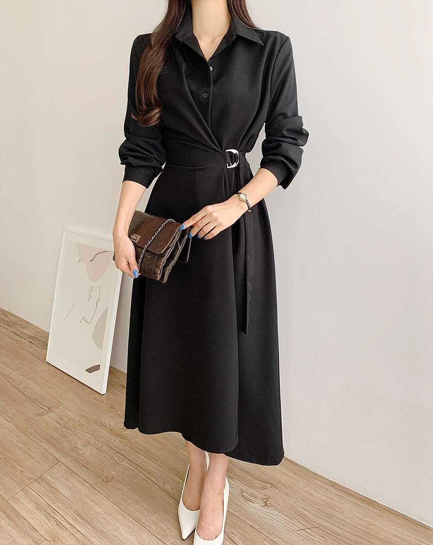 イエベ春/イエベ秋服 上品シルエット ベルテッドシャツワンピース