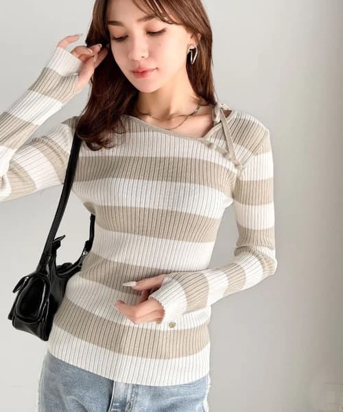 イエベ春/イエベ秋服 リボン結び細リブ柔らかニット