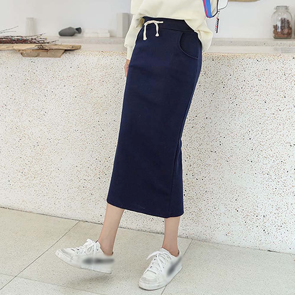 イエベ春/イエベ秋服 リブニットロングタイトスカート ミモレ丈スリット