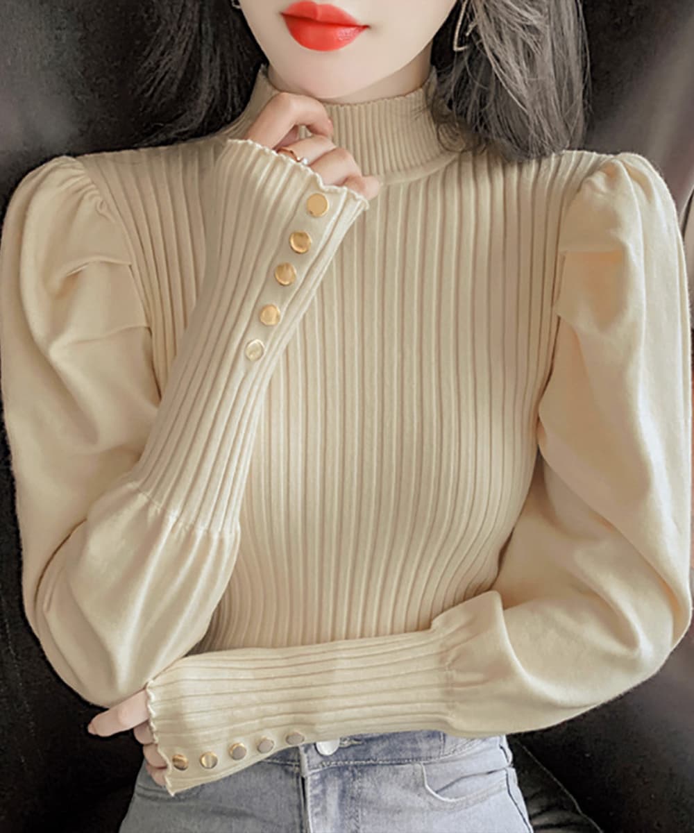 イエベ春/イエベ秋服 金ボタン付きハイネックニットトップス