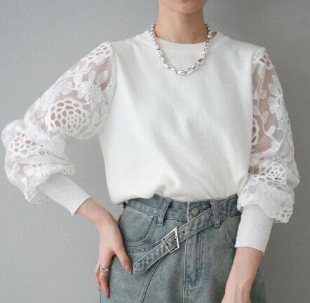 イエベ春服 レディース透かし編みレースブラウス長袖