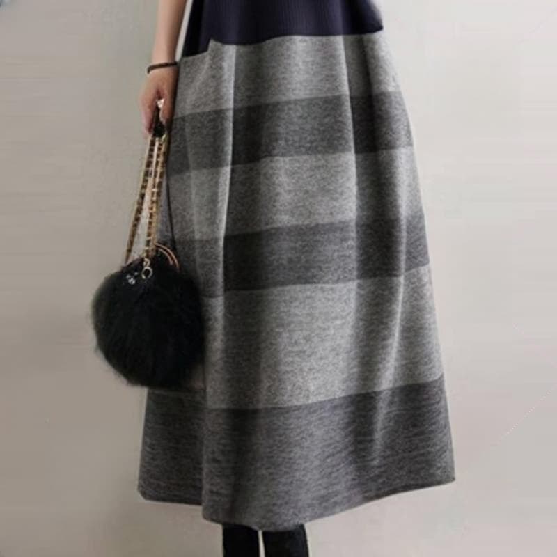 イエベ秋服 上品なバイカラーニット切り替え長袖マキシワンピース
