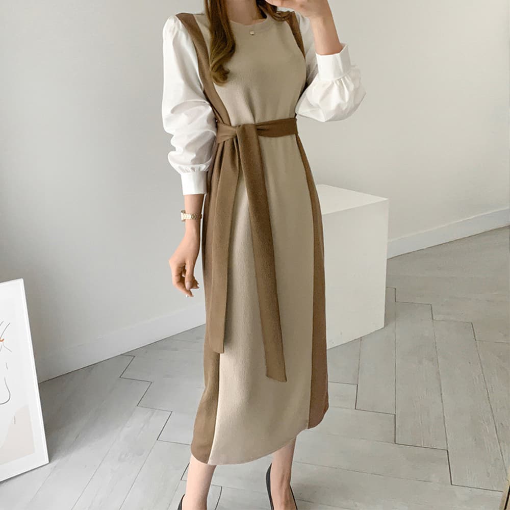 イエベ春/イエベ秋服 袖切り替え配色ニットワンピース長袖