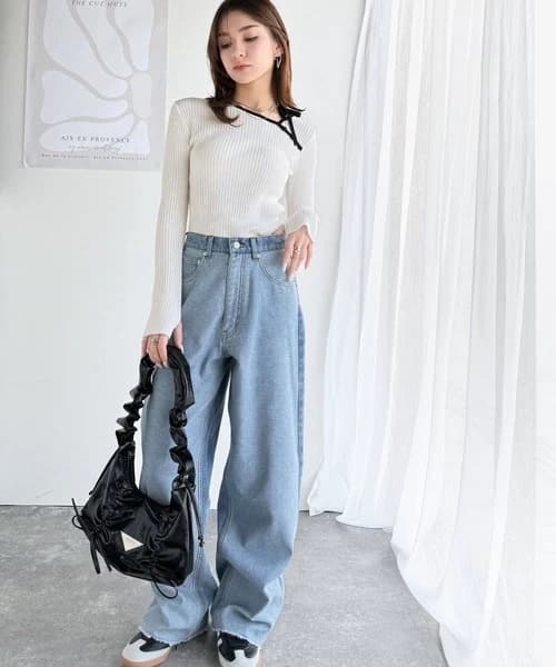 イエベ春/イエベ秋服 リボン結び細リブ柔らかニット