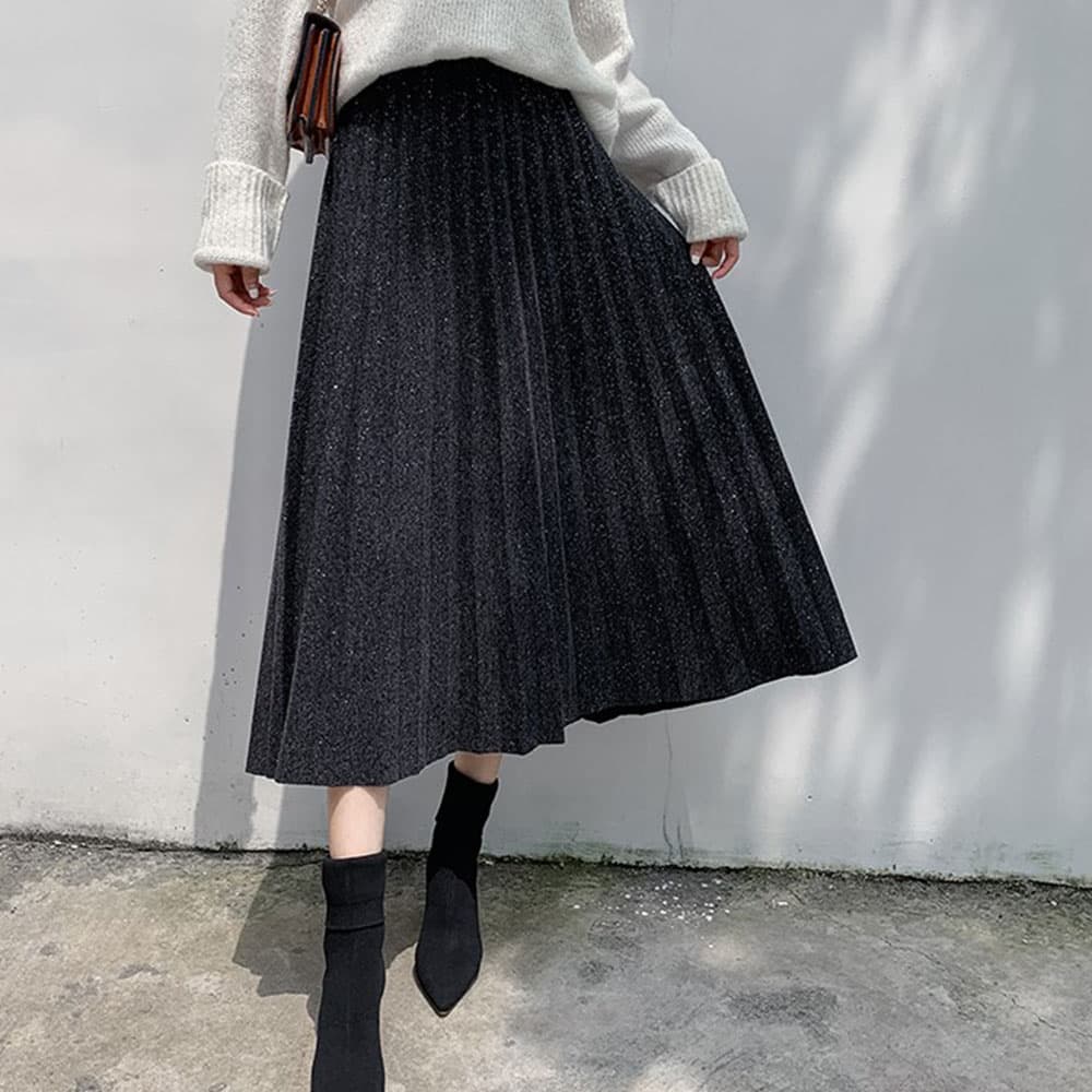 イエベ春/イエベ秋服 ラメ入りプリーツスカート ウエストゴム ミディアム丈