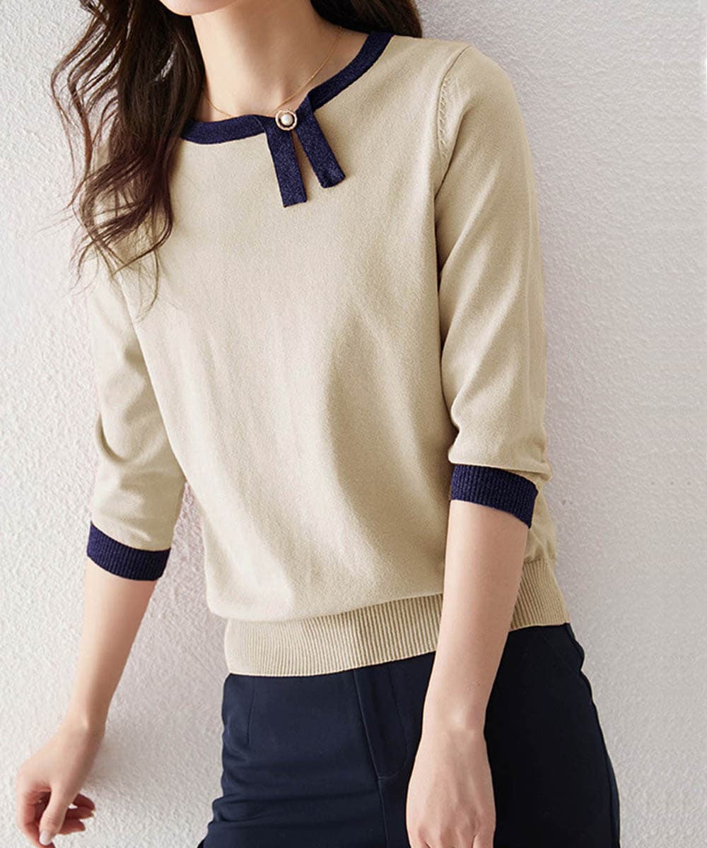 イエベ春/イエベ秋服 配色リボン付き七分袖ニット