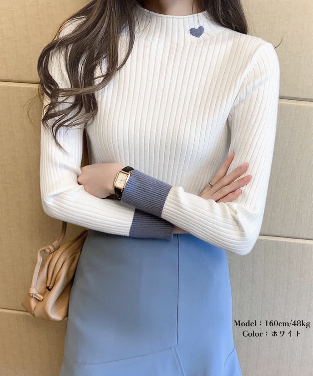 イエベ春/イエベ秋服 ハート刺繍ニット プチハイネック配色袖