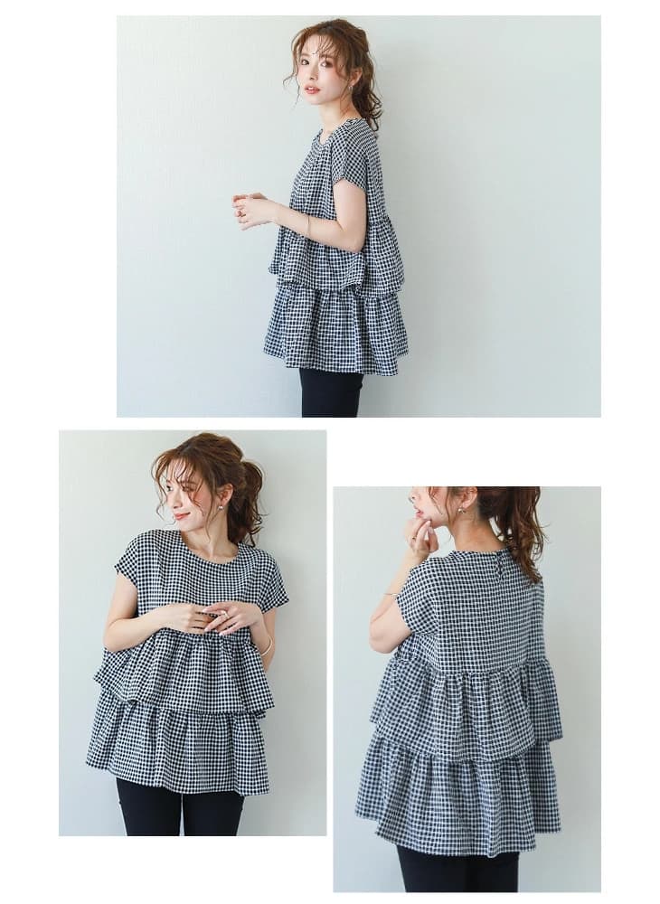 イエベ春/イエベ秋服 格子柄ティアードペプラムブラウス