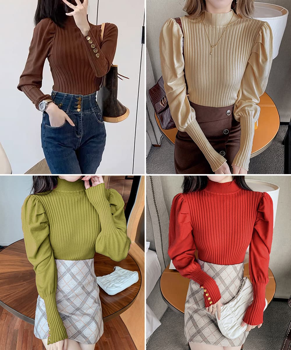 イエベ春/イエベ秋服 金ボタン付きハイネックニットトップス