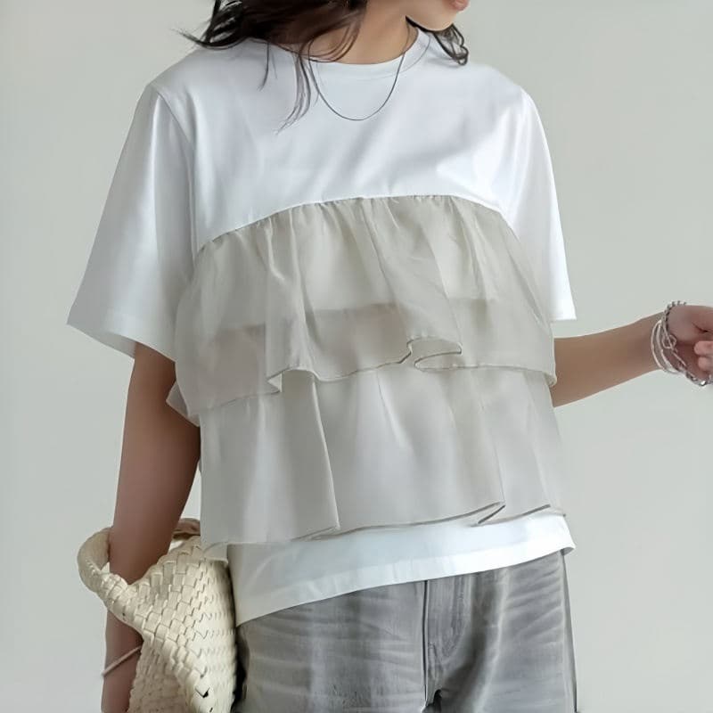 イエベ春服 フリル重ね着風カジュアルティーシャツ