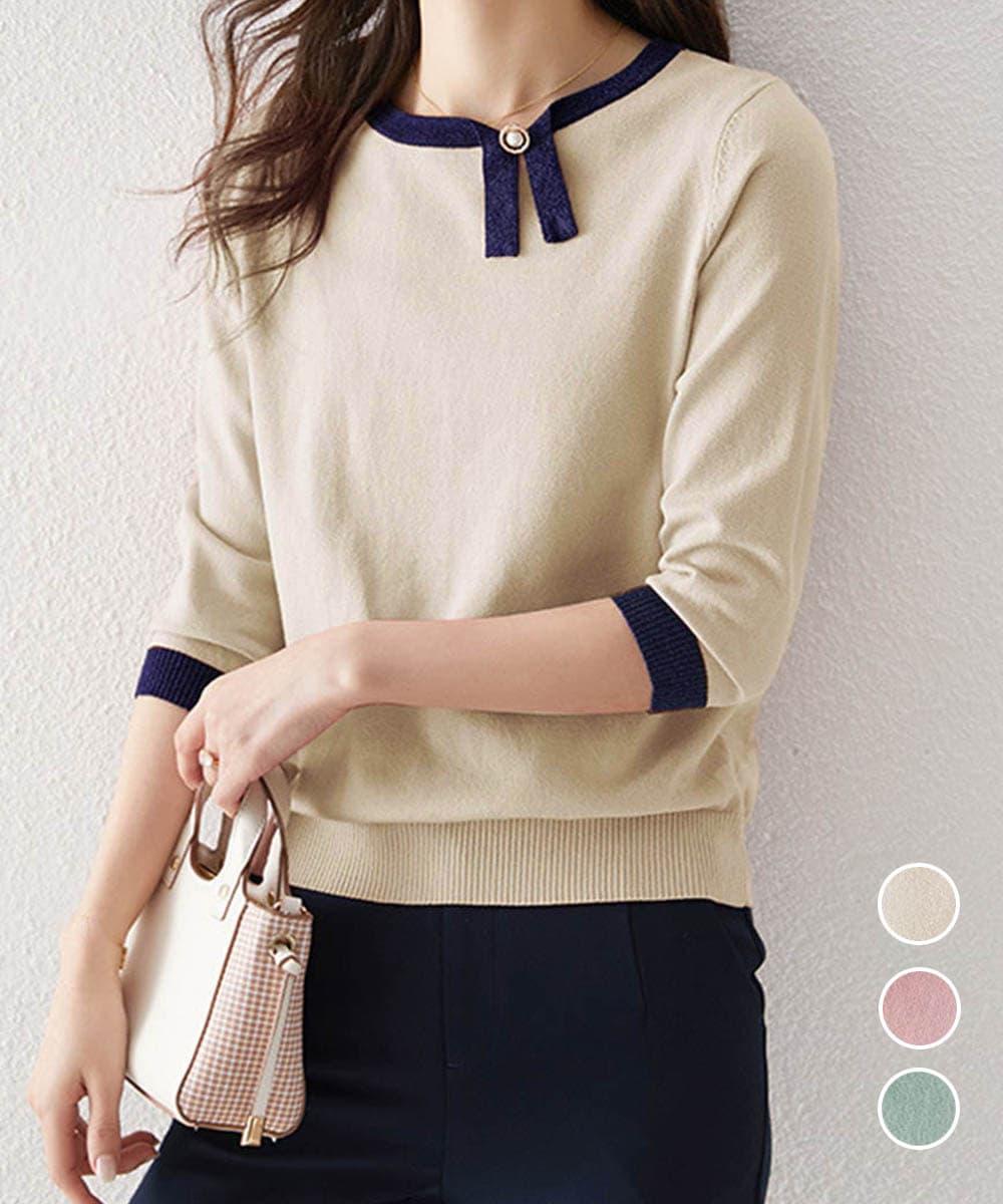 イエベ春/イエベ秋服 配色リボン付き七分袖ニット