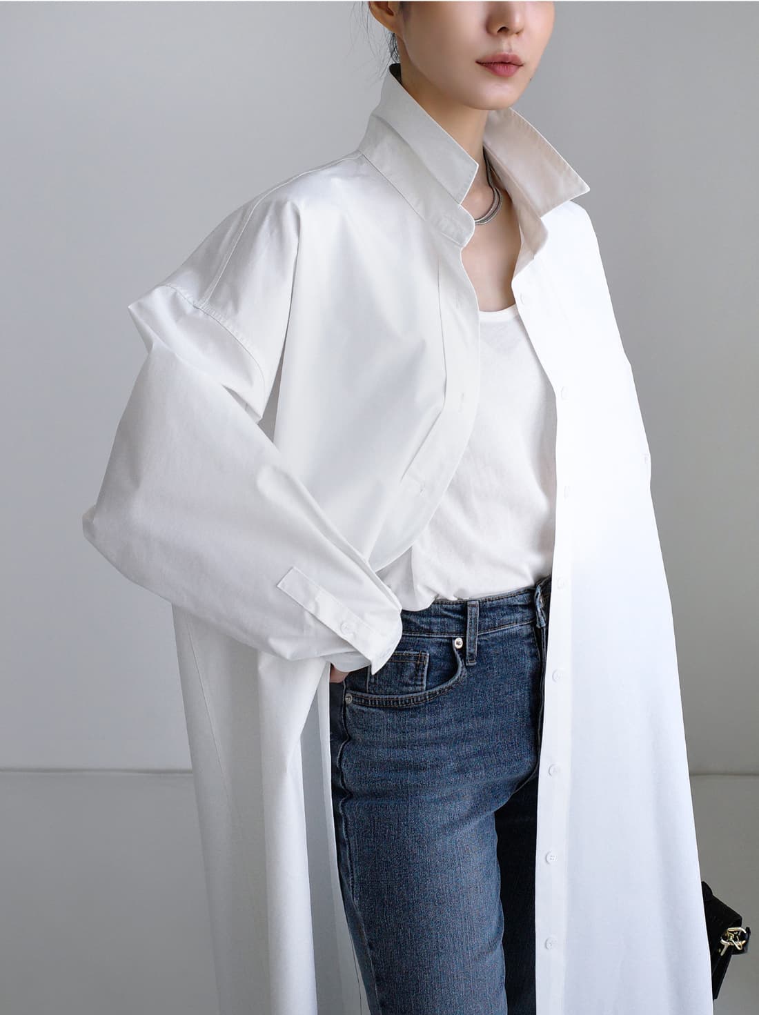 イエベ春服 洗練ゆったりマキシシャツワンピース