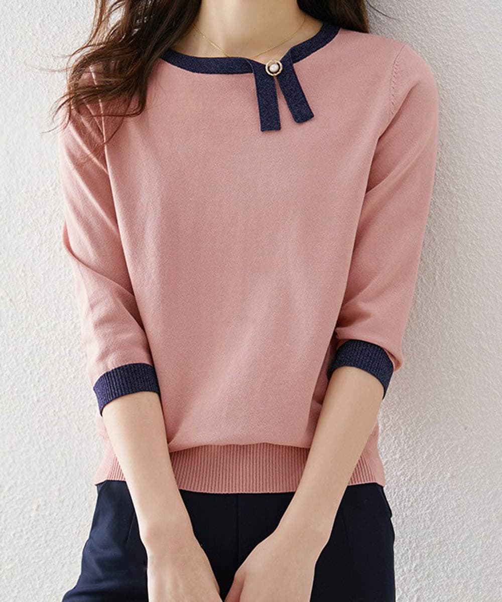 イエベ春/イエベ秋服 配色リボン付き七分袖ニット