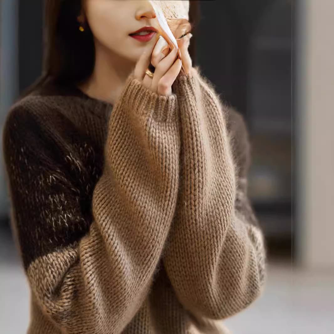 イエベ春/イエベ秋服 上品なボーダー柄丸首長袖ニットプルオーバー