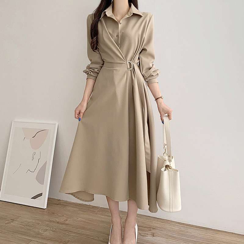 イエベ春/イエベ秋服 上品シルエット ベルテッドシャツワンピース