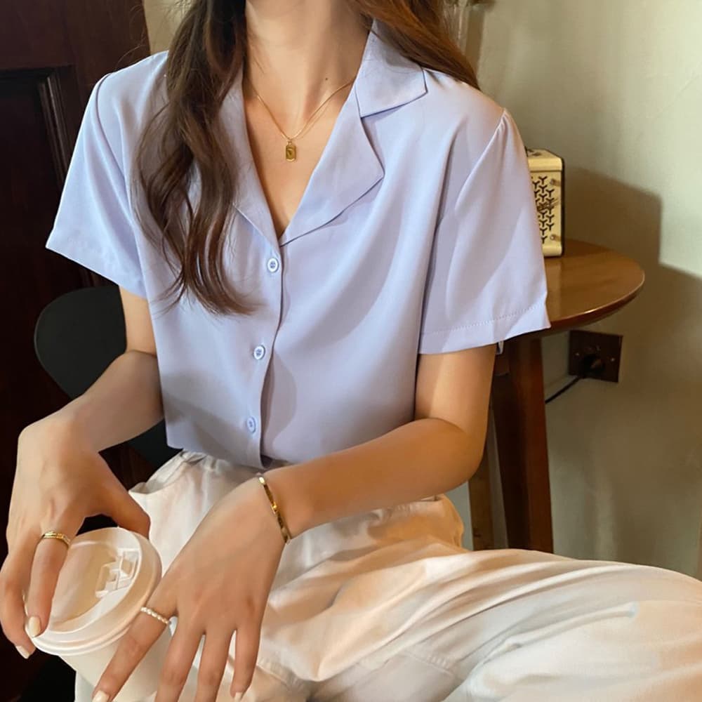 イエベ春/イエベ秋服 韓国風 開襟シャツブラウス半袖