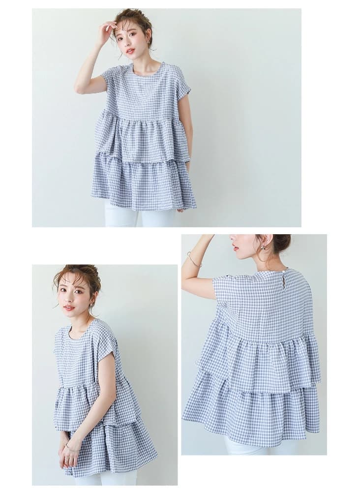 イエベ春/イエベ秋服 格子柄ティアードペプラムブラウス
