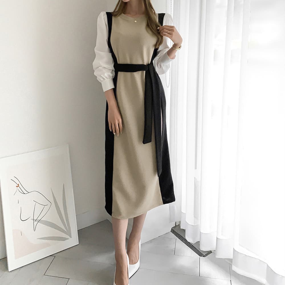 イエベ春/イエベ秋服 袖切り替え配色ニットワンピース長袖
